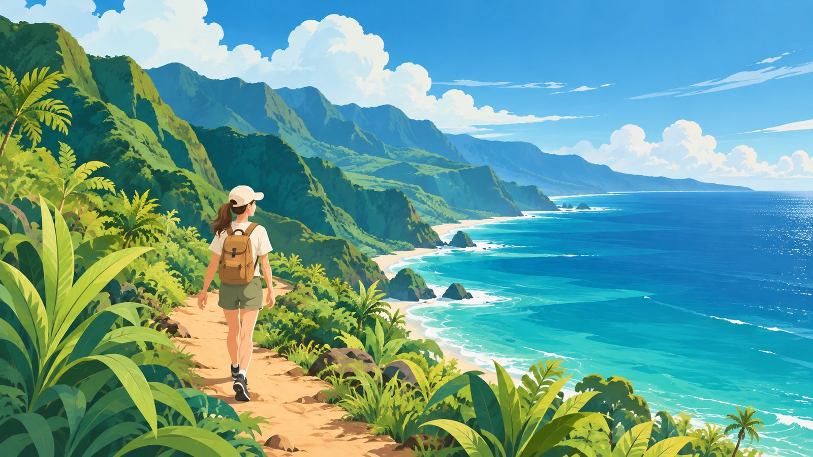 海を望む山道を、リュックを背負って歩く女性のイラスト